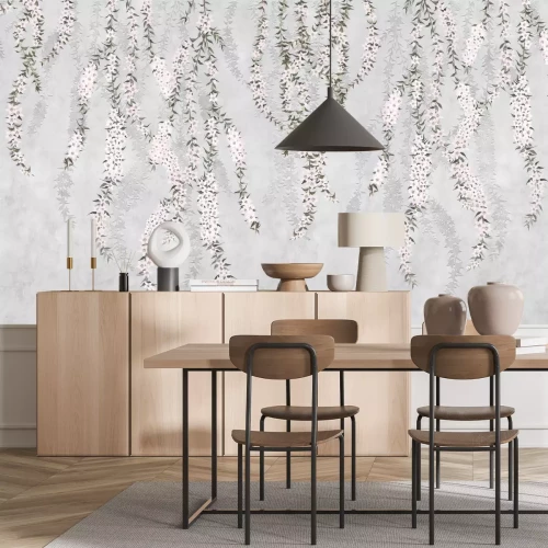 Fotobehang Bloeiende takken met bloemen op een grijze achtergrond