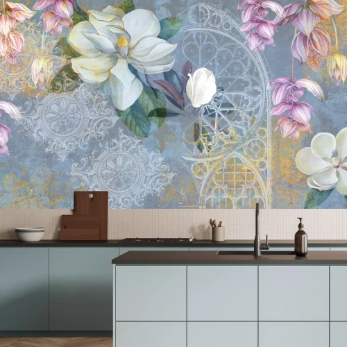 Fotobehang Bloemen tegen een achtergrond van ornamenten met een betonnen achtergrond