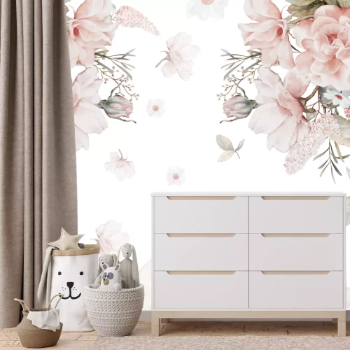 Fotobehang Aquarelbloemen en bladeren op een witte achtergrond