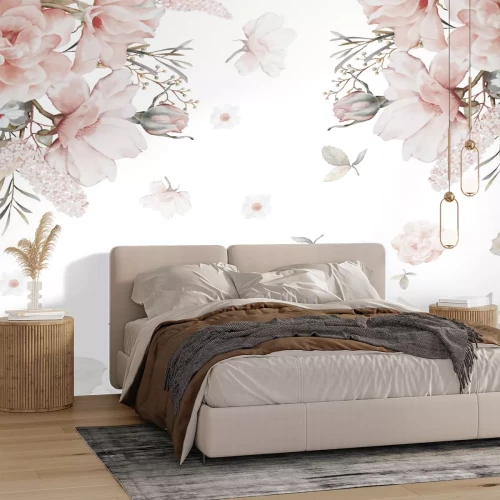 Fotobehang Aquarelbloemen en bladeren op een witte achtergrond