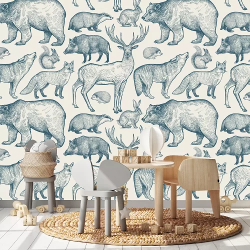 Fotobehang Vintage patroon met bosdieren