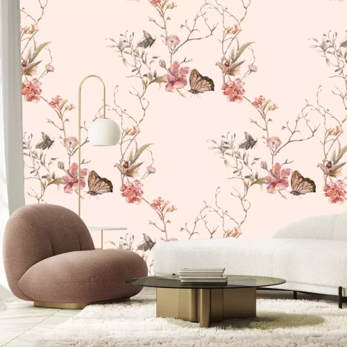 Fotobehang Vlinders tussen de bloemen op de takken