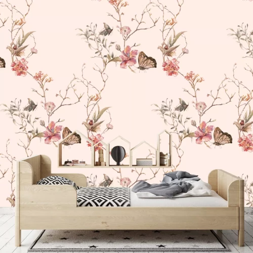 Fotobehang Vlinders tussen de bloemen op de takken