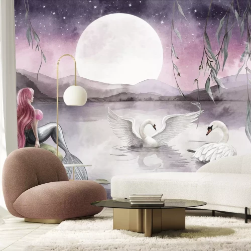 Fotobehang Zeemeermin en zwanen bij volle maan aquarelpatroon