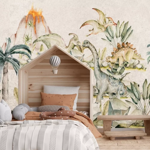 Fotobehang Landschap met dinosaurussen tussen planten en een vulkaan