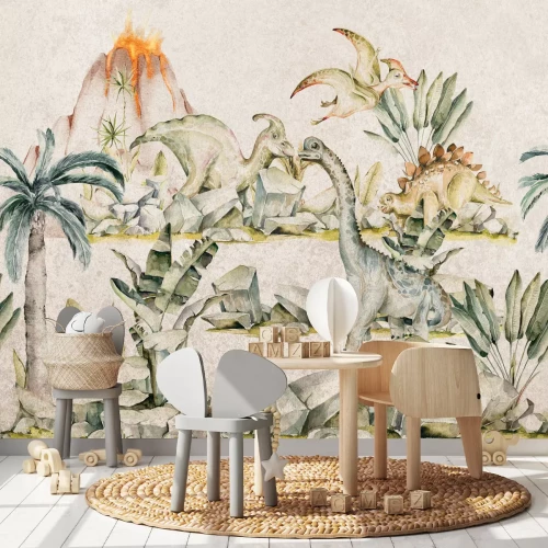 Fotobehang Landschap met dinosaurussen tussen planten en een vulkaan