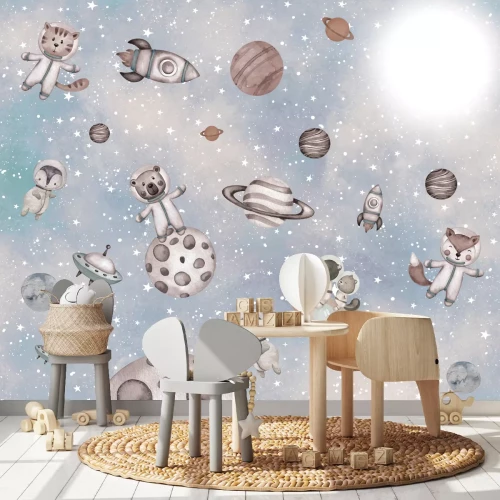 Fotobehang Dieren en planeten op een sterrenachtergrond