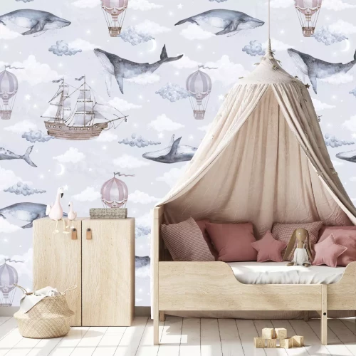 Fotobehang Walvissen en schepen tegen een bewolkte lucht