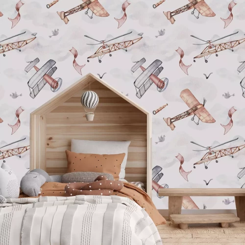 Fotobehang Vliegtuigen tussen de wolken in een aquarellucht