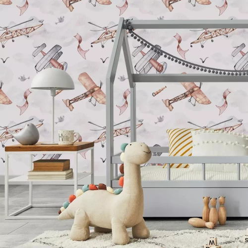 Fotobehang Vliegtuigen tussen de wolken in een aquarellucht