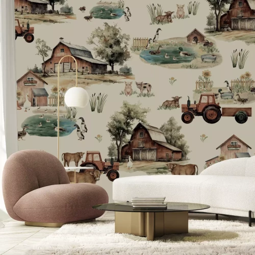 Fotobehang Aquarelboerderij met dieren