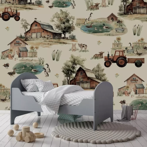 Fotobehang Aquarelboerderij met dieren