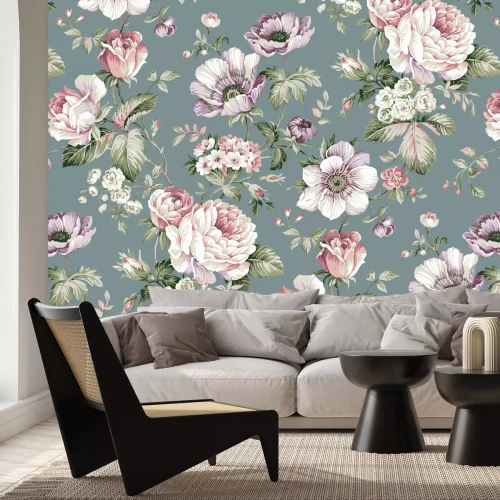 Fotobehang Pastelkleurige bloemen op een effen achtergrond