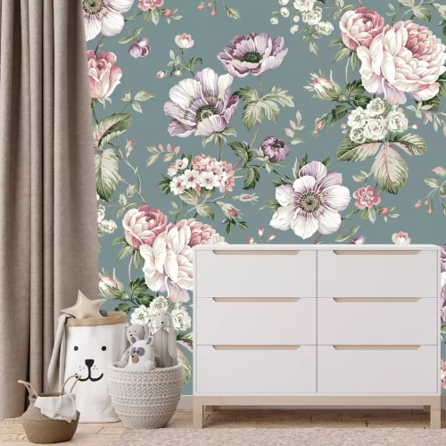 Fotobehang Pastelkleurige bloemen op een effen achtergrond