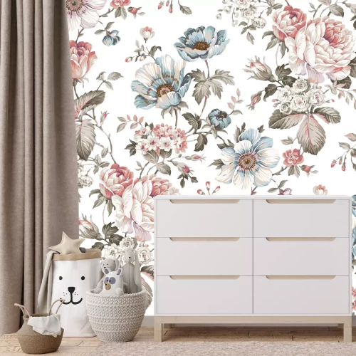 Fotobehang Pastelkleurige aquarelbloemen op een witte achtergrond