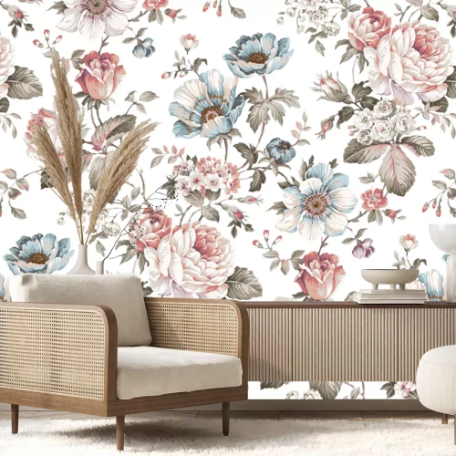 Fotobehang Pastelkleurige aquarelbloemen op een witte achtergrond