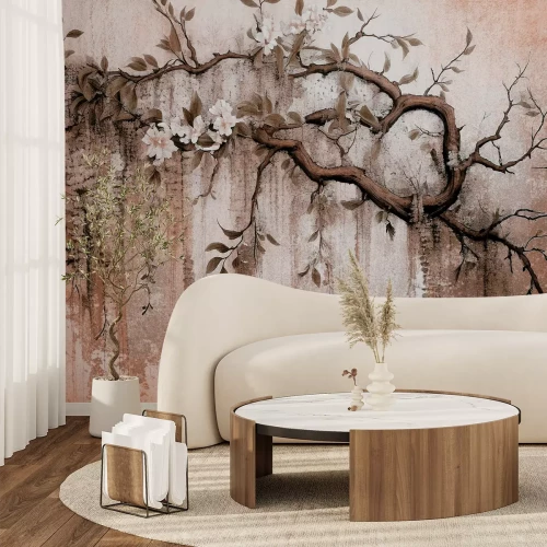 Fotobehang Witte bloemen op een tak met een betonnen textuur