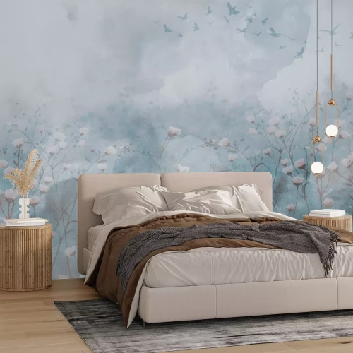 Fotobehang Wilde bloemen en vogels op een aquarelachtergrond