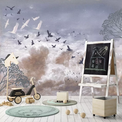 Fotobehang Vogels en paardenbloemzaden tegen de wolken