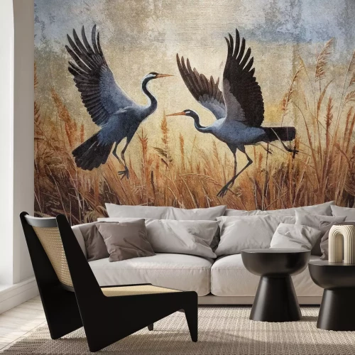 Fotobehang Reigers en planten in de weide