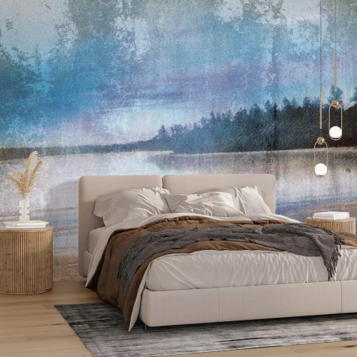 Fotobehang Landschap van een boot op een meer met een betoneffect