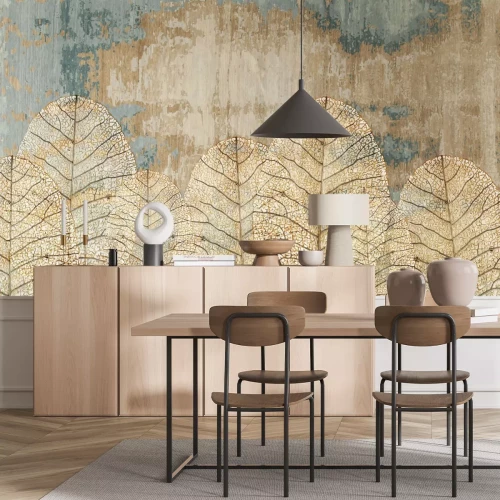 Fotobehang 3D-bladeren op een gestructureerde achtergrond met een betoneffect