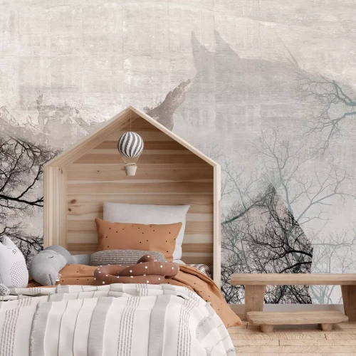 Fotobehang Portret van een paard tegen een achtergrond van bomen