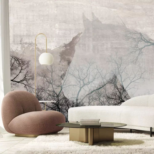 Fotobehang Portret van een paard tegen een achtergrond van bomen