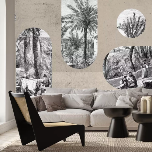 Fotobehang Zwart-wit landschap met geometrische vormen in vintage stijl