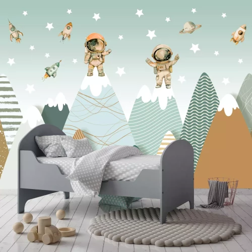 Fotobehang Kosmonauten en 3D-berglandschap