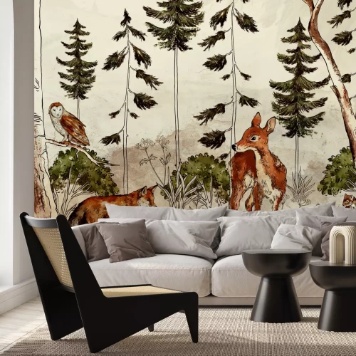 Fotobehang Wilde dieren in een aquarelbos