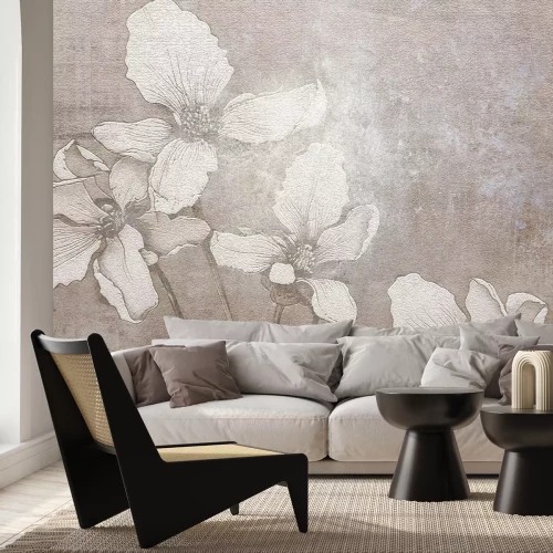 Fotobehang Witte 3D-bloemen op een gestructureerde achtergrond