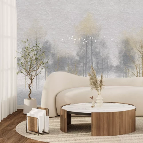 Fotobehang Witte vogels tegen een mistig landschap