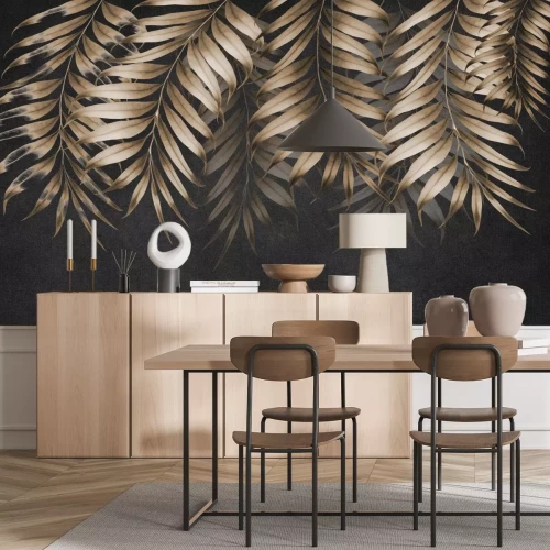 Fotobehang Grote palmbladeren op een zwarte achtergrond