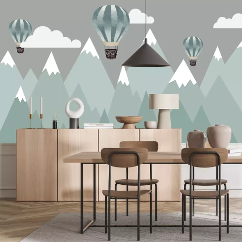 Fotobehang Ballonnen tegen een berglandschap voor kinderen