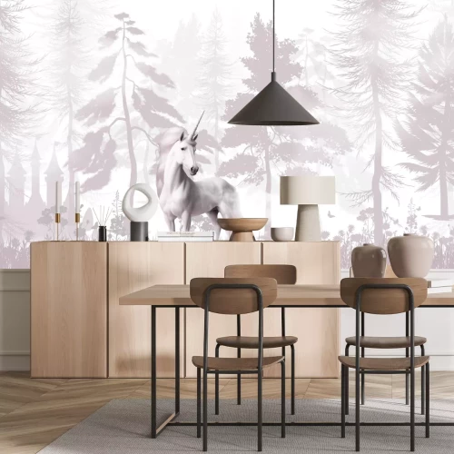 Fotobehang Een eenhoorn en een kasteel in een sprookjesbos