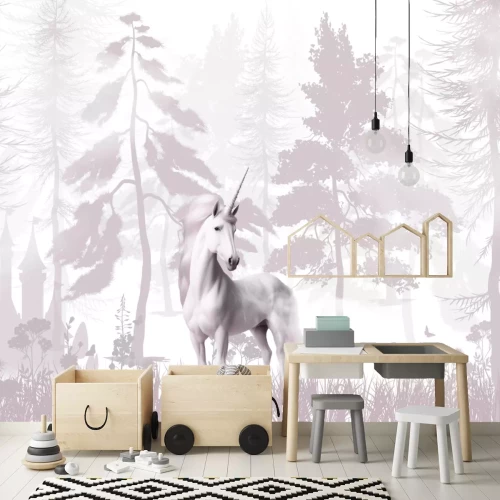 Fotobehang Een eenhoorn en een kasteel in een sprookjesbos