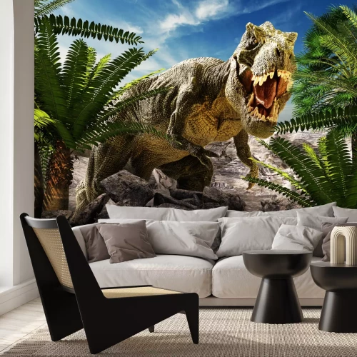 Fotobehang Dinosaurus tussen palmbomen en rotsen