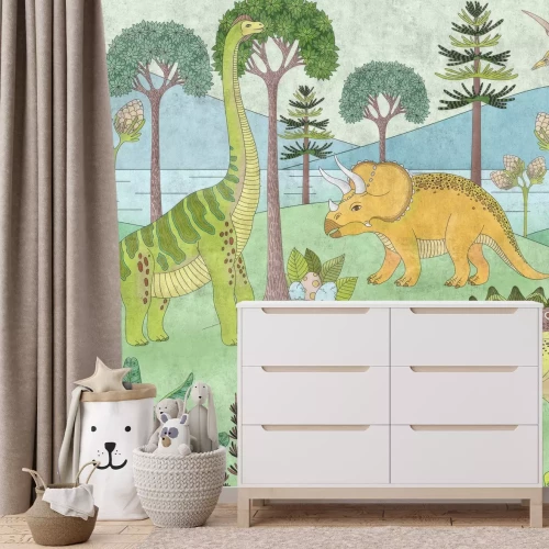 Fotobehang Een sprookjesachtig landschap voor kinderen met dinosaurussen