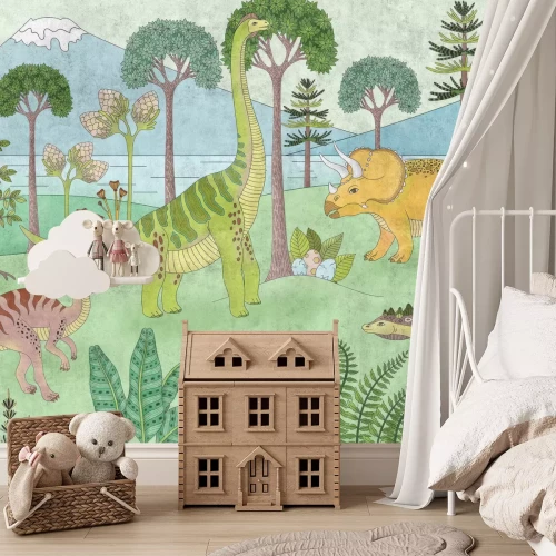 Fotobehang Een sprookjesachtig landschap voor kinderen met dinosaurussen