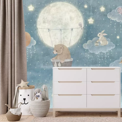 Fotobehang Dieren op wolken met een sterrenhemel op de achtergrond