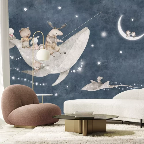 Fotobehang Een walvis en dieren tegen de hemel met de maan