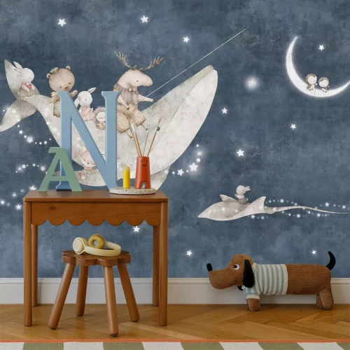 Fotobehang Een walvis en dieren tegen de hemel met de maan