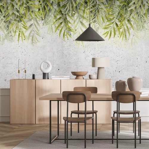 Fotobehang Groene bladeren hangen van bovenaf tegen een achtergrond van grijs beton