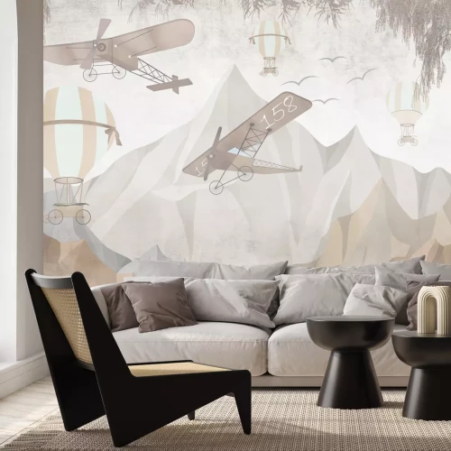 Fotobehang Vliegtuigen en ballonnen tegen een berglandschap voor kinderen