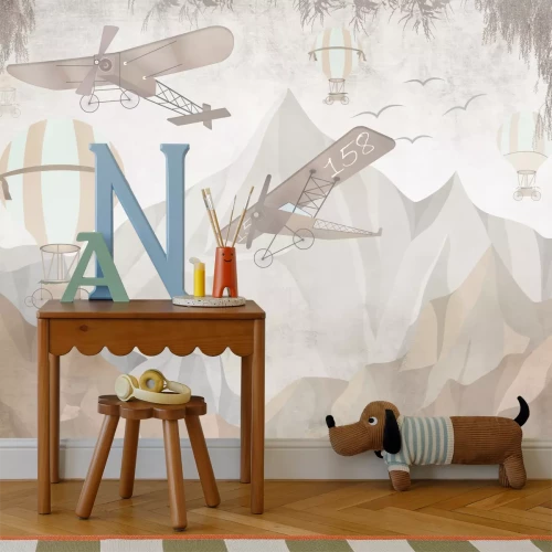 Fotobehang Vliegtuigen en ballonnen tegen een berglandschap voor kinderen