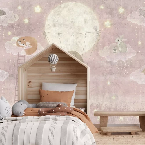 Fotobehang Dieren tegen een roze luchtachtergrond - illustratie voor kinderen