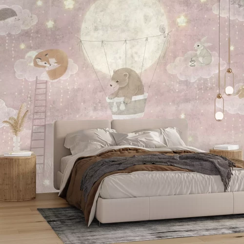 Fotobehang Dieren tegen een roze luchtachtergrond - illustratie voor kinderen