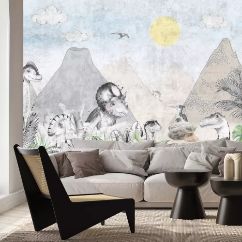 Fotobehang Dinosaurussen in een sprookjesland met vulkanen