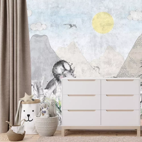 Fotobehang Dinosaurussen in een sprookjesland met vulkanen